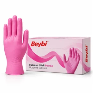 Beybi Pudrasız Pembe Nitril Muayene Eldiveni – S ve M Beden