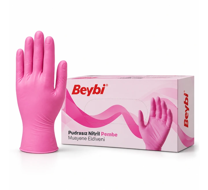 Beybi Pudrasız Pembe Nitril Muayene Eldiveni – S ve M Beden