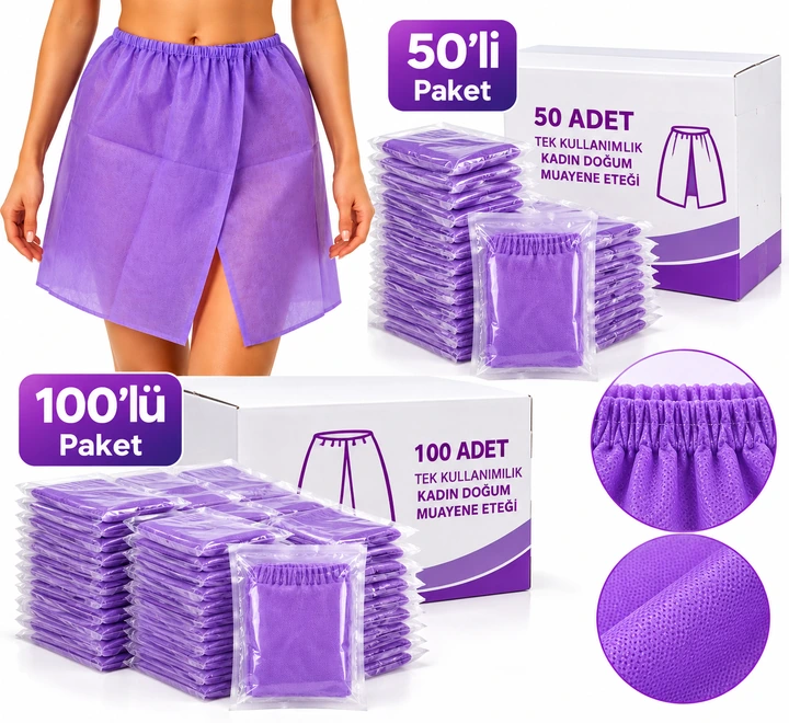 Tek Kullanımlık Kadın Doğum Muayene Eteği – Mor | 50'li ve 100'lü Paket - Görsel 3