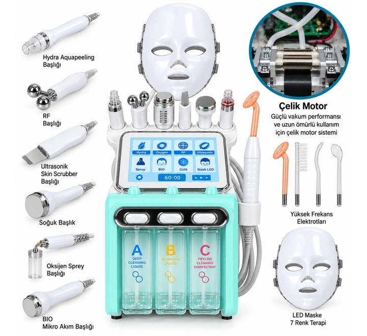 Hydrafacial 8 in 1 Profesyonel Cilt Bakım Cihazı – LED Maskeli ve Çelik Motorlu